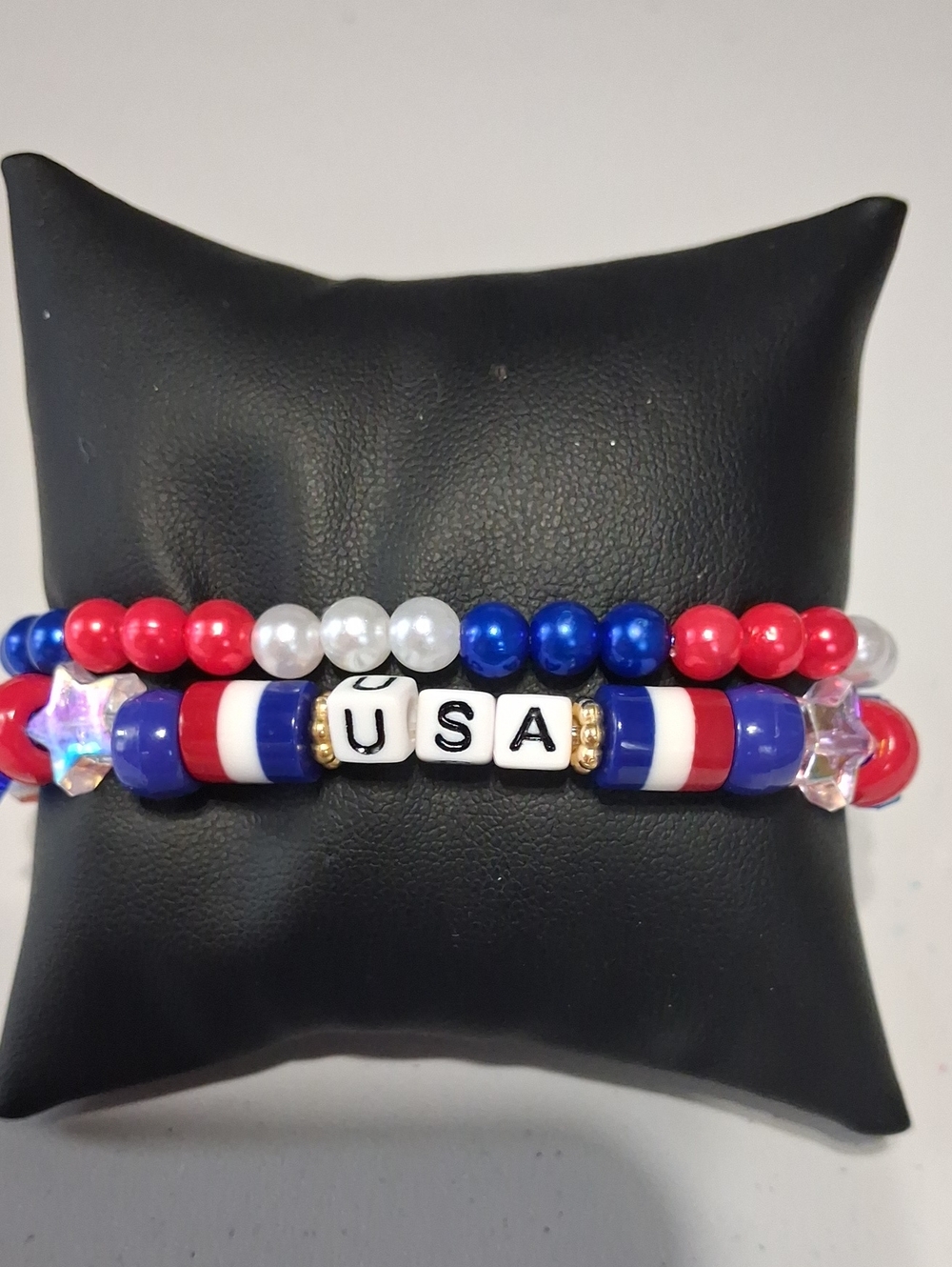 Handmade USA Patriotic Red White Blue Beaded Bracelet Set